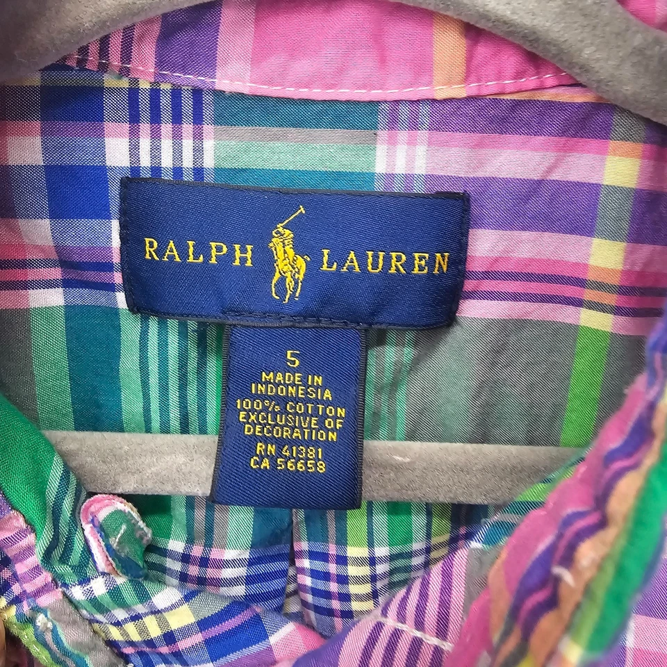 Camisa Ralph Lauren Madras Niños 5 Rosa Verde Cuadros Abotonada Pony Escuela de Verano Foto 3 de 4