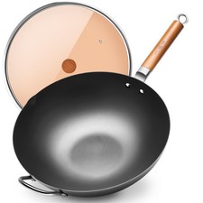 WANGYUANJI 14.2" Iron Wok, Traditional Flat Bottom Stir-Fry Pan, Uncoated