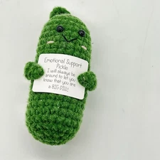 Emotional Support Dill Pickle knitted green w/ sign button eyes