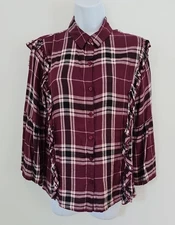 dizzylizzy Burgundy Red Ruffle Plaid Button Blouse size Small Collar Long Sleeve
