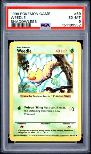 1999 POKEMON BASE SET SHADOWLESS #69 WEEDLE PSA 6