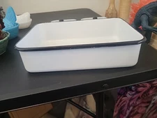 VTG 3 Pc White W/Black Rim Enamelware Fridge - 10.5" X 7.75"