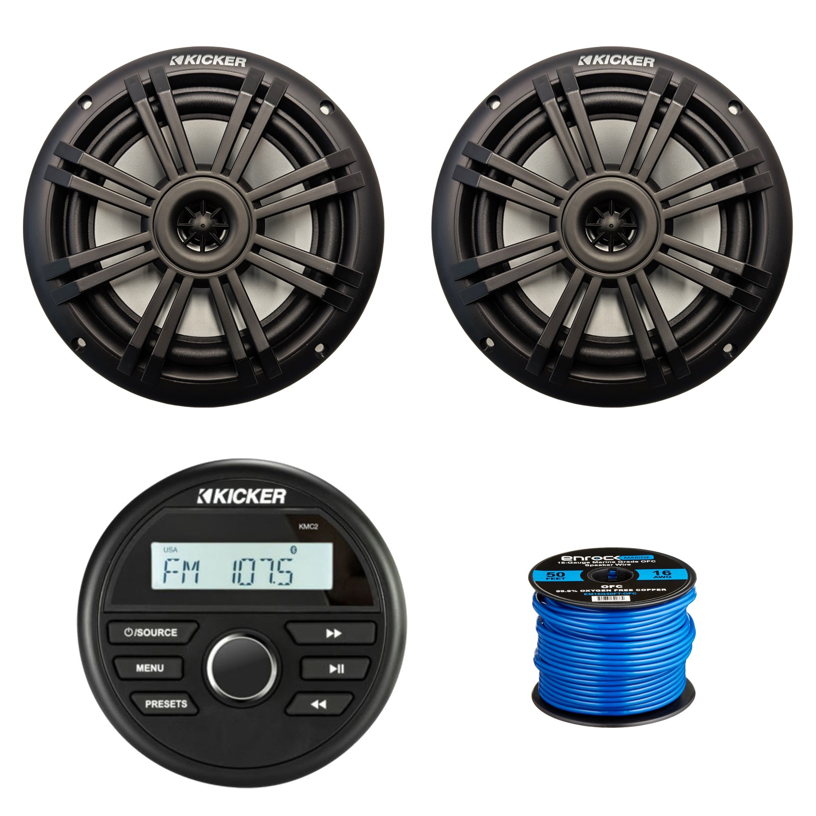 Kicker KMC2 Marine Stereo Receiver, 2x 6.5" 150W Speaker, Wi