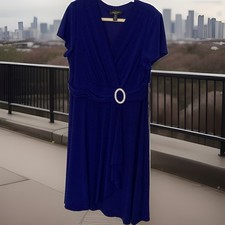 R&M Richards Women’s Royal Blue Faux Wrap Dress Rhinestone Buckle Size 16W
