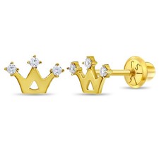 14k Yellow Gold Cubic Zirconia Princess Crown Young Girl's Screw Back Earrings