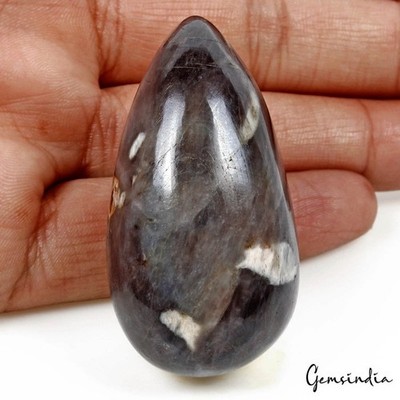 Certified 380Ct Untreated Black Blue Sapphire~ Rare white mark Pear Cabochon Gem