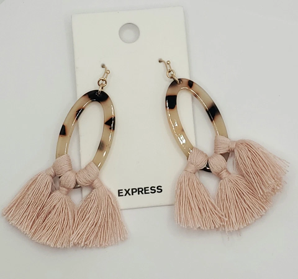 Express Cute Tortoise Shell & Tassels Oval Dangle Earrings - Image 3 of 4