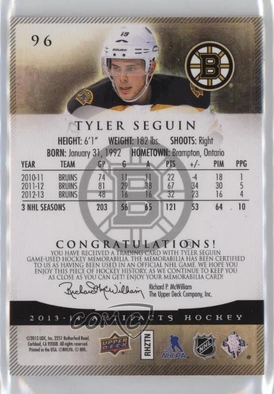 2013-14 Upper Deck Artifacts Emerald Jersey/Patch /75 Tyler Seguin #96 Patch - Image 2 of 2