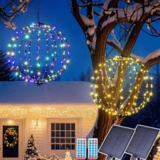 176 LED 13” Outdoor Christmas Light Balls, Solar Hanging Lighted Sphere Balls...