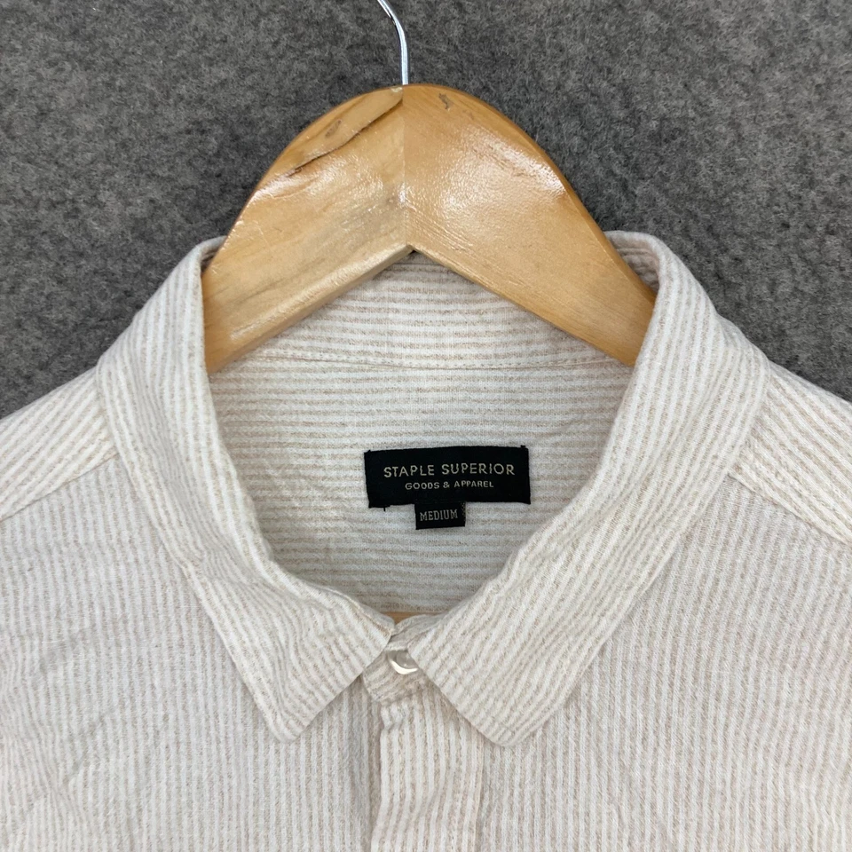 Staple Superior Shirt Mens Medium Beige Striped Button Up Long Sleeve 31609 - Image 4 of 4