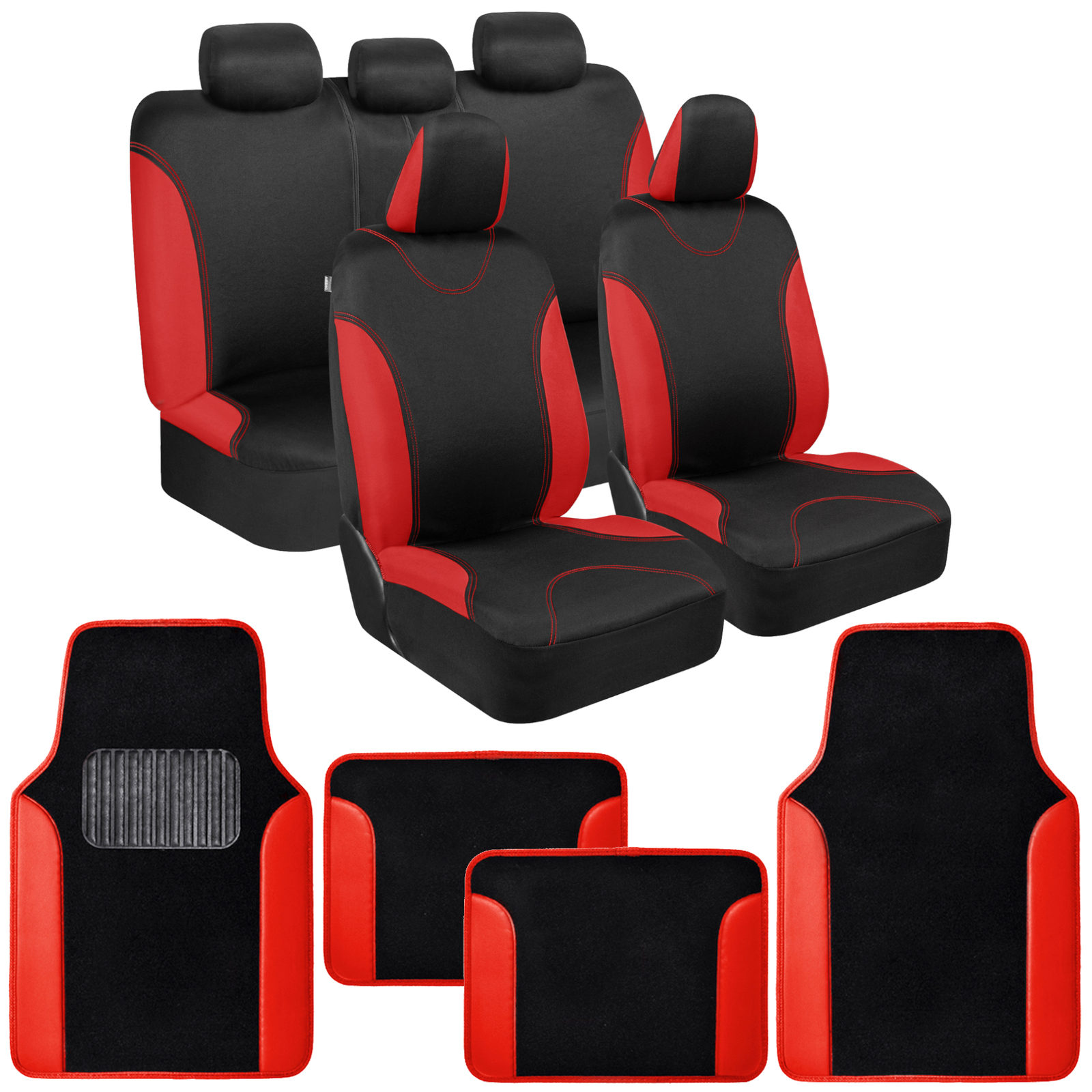 Car Seat Covers +Matching Vinyl Carpet Floor Mats 2-Tone Red/Black Truck SUV Van