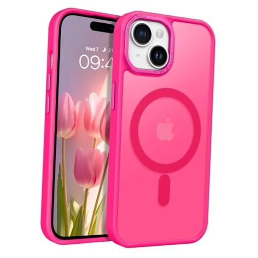 Compatible with iPhone 15 Plus Case, Translucent Matte Slim Hot Pink