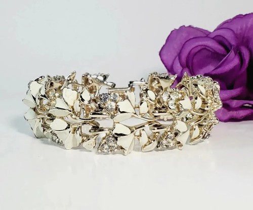 VTG Coro Pegasus Signed BRACELET Rhinestone Cream Enamel Floral Cluster Tennis - Picture 2 of 12