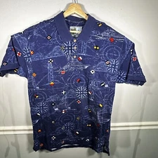AFTCO Bluewater Men Polo Shirt XL Blue Fish Boat Flag Map Nautical Print Cotton