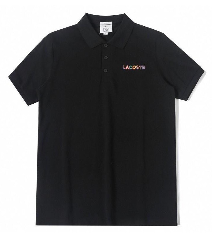 New Mens Lacoste L!ve Relaxed Fit Rainbow Logo Black Pique