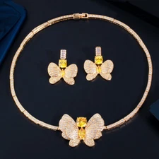Noble Yellow Gold Plated Butterfly CZ Women Party Necklace Earrings Jewelry Set 