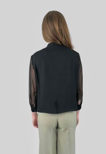 Vintage 60er Jahre Damen schwarz transparente Seide Chiffon Langarm Muschi Schleife Bluse - Bild 4 von 4