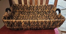 Rectangle Dark Washed Water Hyacinth Wicker Basket W/Wood Handles Storage/Decor
