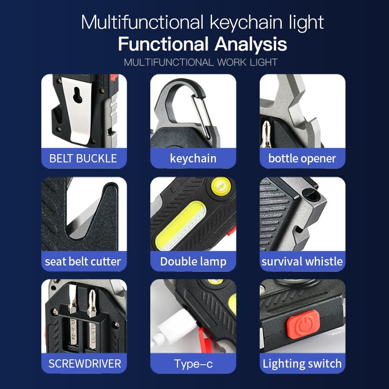 Compact Multi-Tool Keychain with Light, Whistle, Screwdriver & Belt Cutter