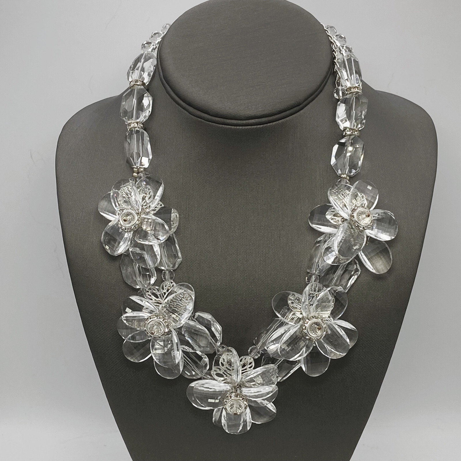 Crystal Flower Statement Necklace, Double Layer F… - image 2