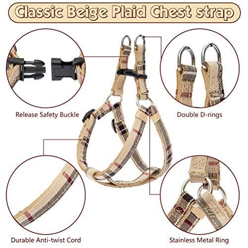 Dog Harness with Leash and Bow Tie Collaret - Plaid Puppy Harness, S Beige