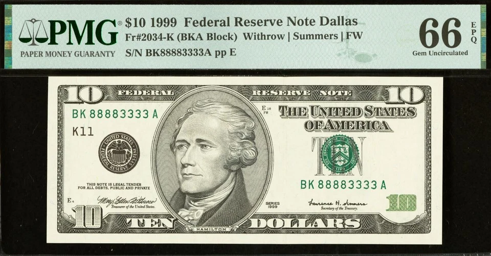 1999 $10 Federal Reserve Note - PMG 66EPQ - Double Quad Serial Number 88883333 - Image 2 of 3