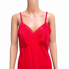 Red Silky Nylon Full Slip Dress Scallop Hem Lace Vintage Kayser Nightgown Sz 36