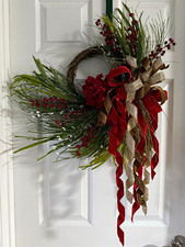 Artificial Christmas Door Wreath Pine Greenery Red Berries Ribbon Bow 24 in