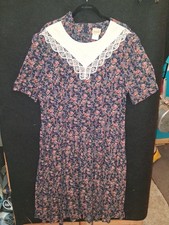 Vintage 90s Floral Prairie Dress Lace Collar Cottagecore Navy Pink Midi Rayon