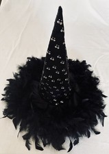 Witch Hat Halloween Costume with Lush Feathered Rim  Whimsical Sequined Eyes
