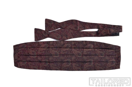 BURTON LTD Red Paisley 100% Silk Mens Luxury Cummerbund Bowtie Set - One Size