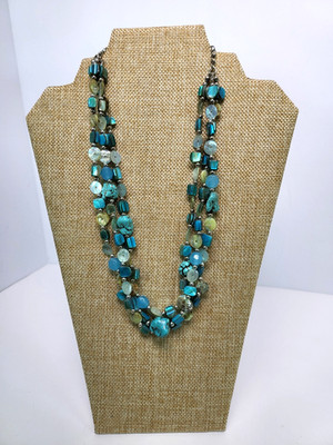 Abalone Shell and Stone 3 Strand Necklace Blue Beachy Southwestern Design