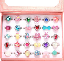 Little Girl Jewel Rings in Box, Adjustable, No Duplication, Girl Pretend Play an