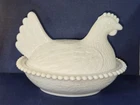 Vintage Milk Glass Hen on Nest Beaded Edge Covered Dish White 7"