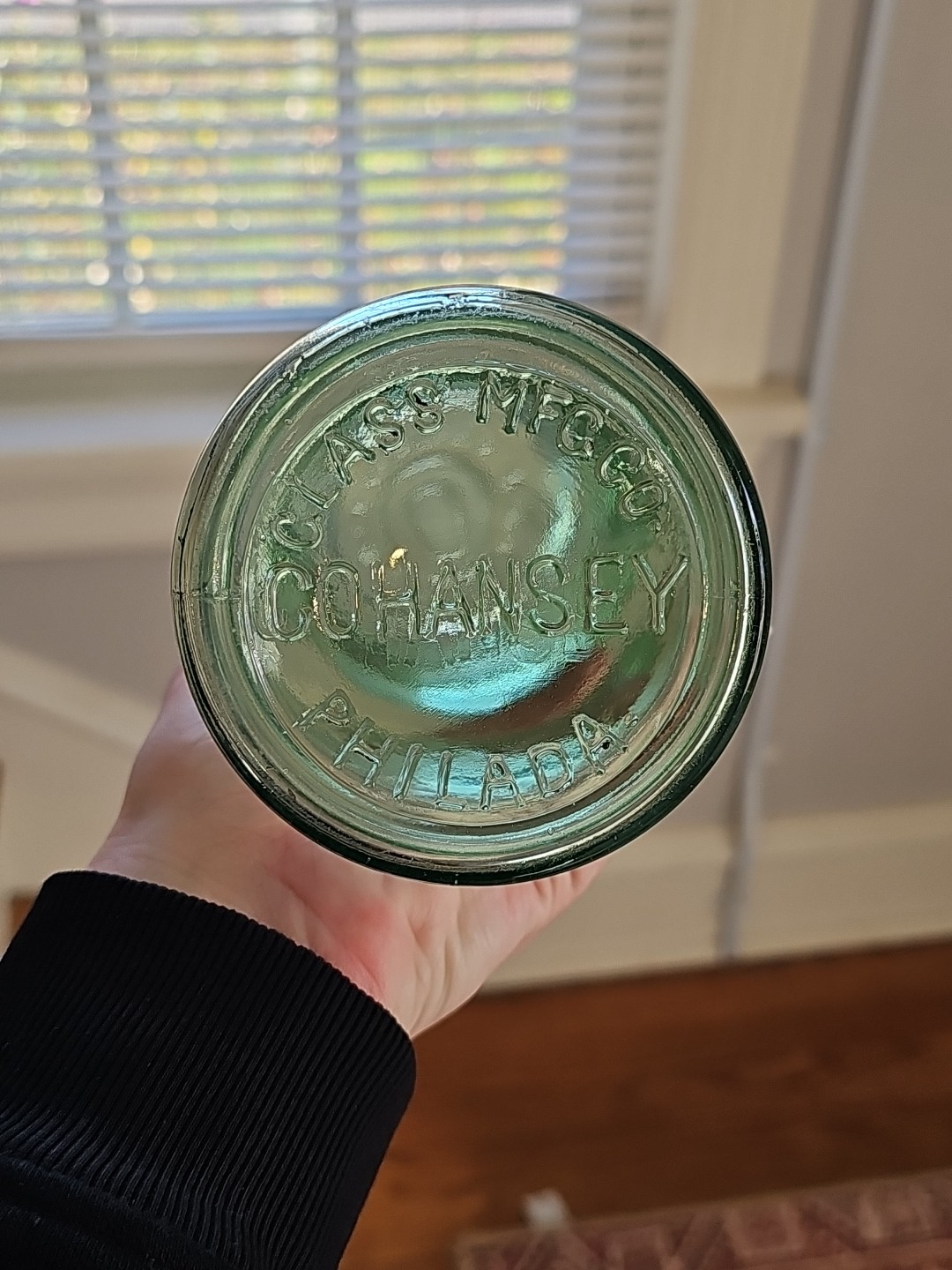 Apple green Cohansey fruit canning jar tall cylinder quart aqua wire lid Mason