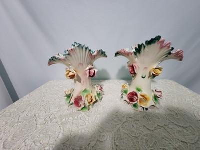 Vintage Capodimonte Style Italy Porcelain Vase Pair Roses Fluted Trumpet 138/D