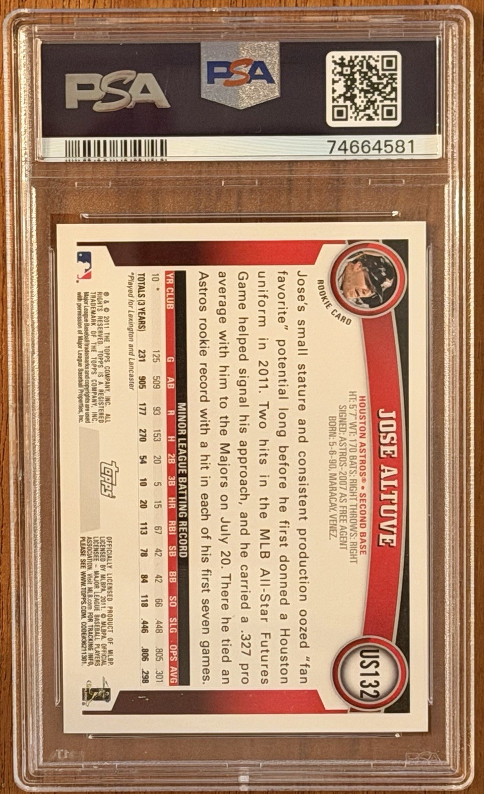2011 Jose Altuve Topps Update Rookie RC #US132 Diamond Anniversary Graded PSA 9 view 2