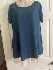 Ladies T-Shirt Top w/ Lace Embellishment at Bottom Short Sleeves Scoop Neck Blue