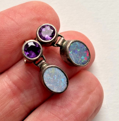 Opal Ohrhänger Sterlingsilber Amethyst Zargenfassung zwei Steine Ohrhänger 925