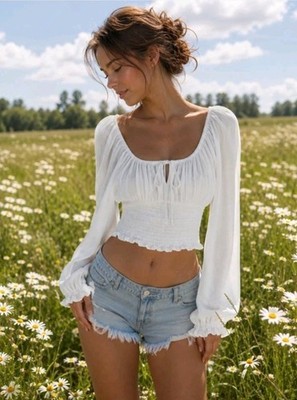 H&M Divided Women s L White Smocked Ruffle Long Sleeve Crop Boho Blouse