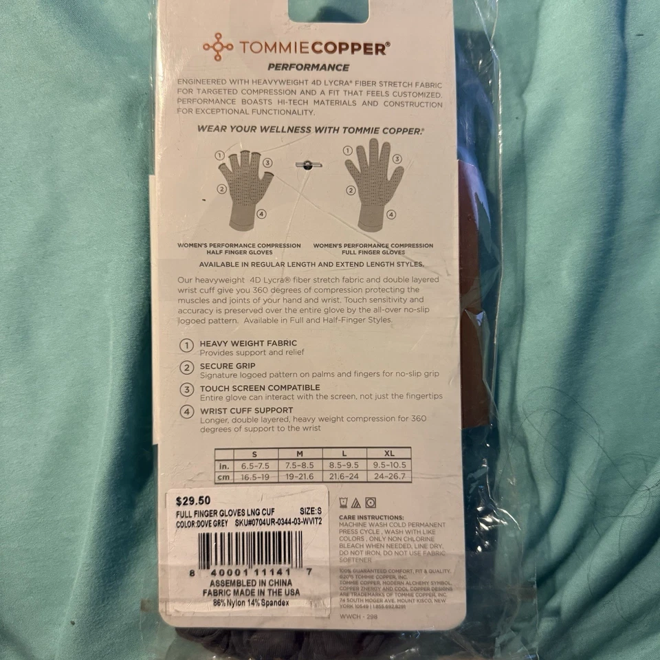 Tommie Copper Performance Finger Gloves Gray Compression Support Grip Small - Image 2 of 4