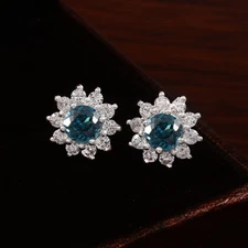 Blue Green Tourmaline Round 6x6 MM, 925 Silver Stud Earrings, October Birthstone