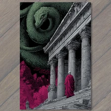 Art Print Giant Green Snake Temple Columns Red Cloak Fantasy Ruins Night Sky