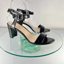 Nine West Pixel Heel Sandals Black Faux Leather crocodile embossed ankle strap