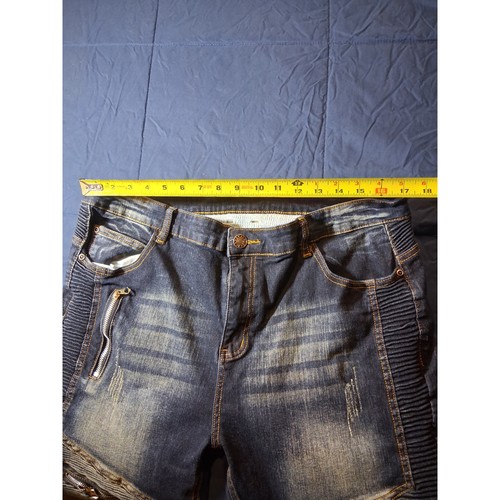 Mens Dark Wash Moto Biker Jeans Ribbed Panels Stretch Denim Size 38 - Picture 5 of 7