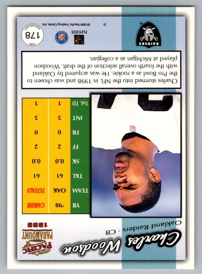 1999 Pacific Paramount Charles Woodson Oakland Raiders #178 - Image 2 of 2