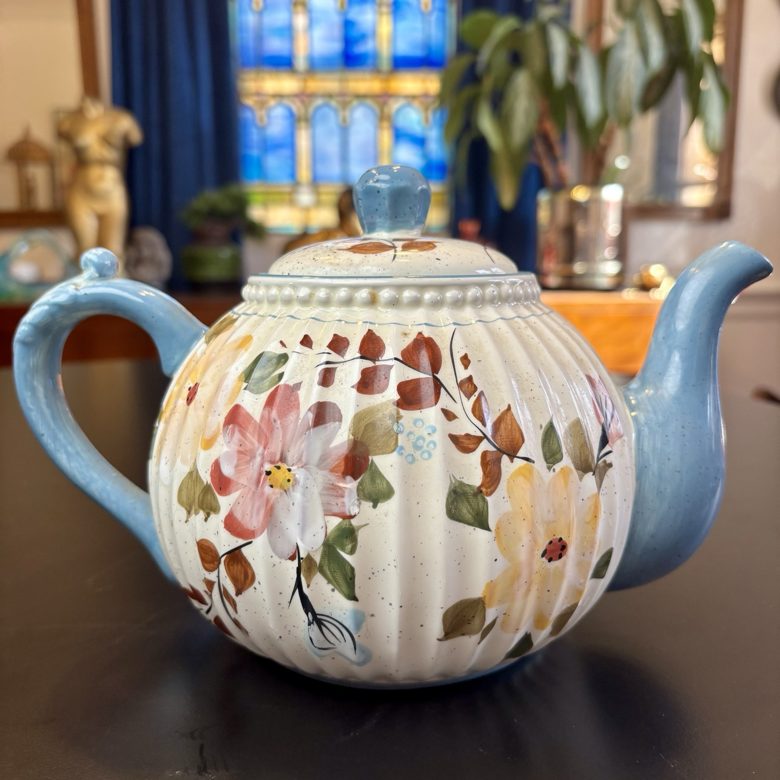 Vintage Stoneware Hand Painted Speckled Shabby Teapot Flowers + Blue Cottagecore