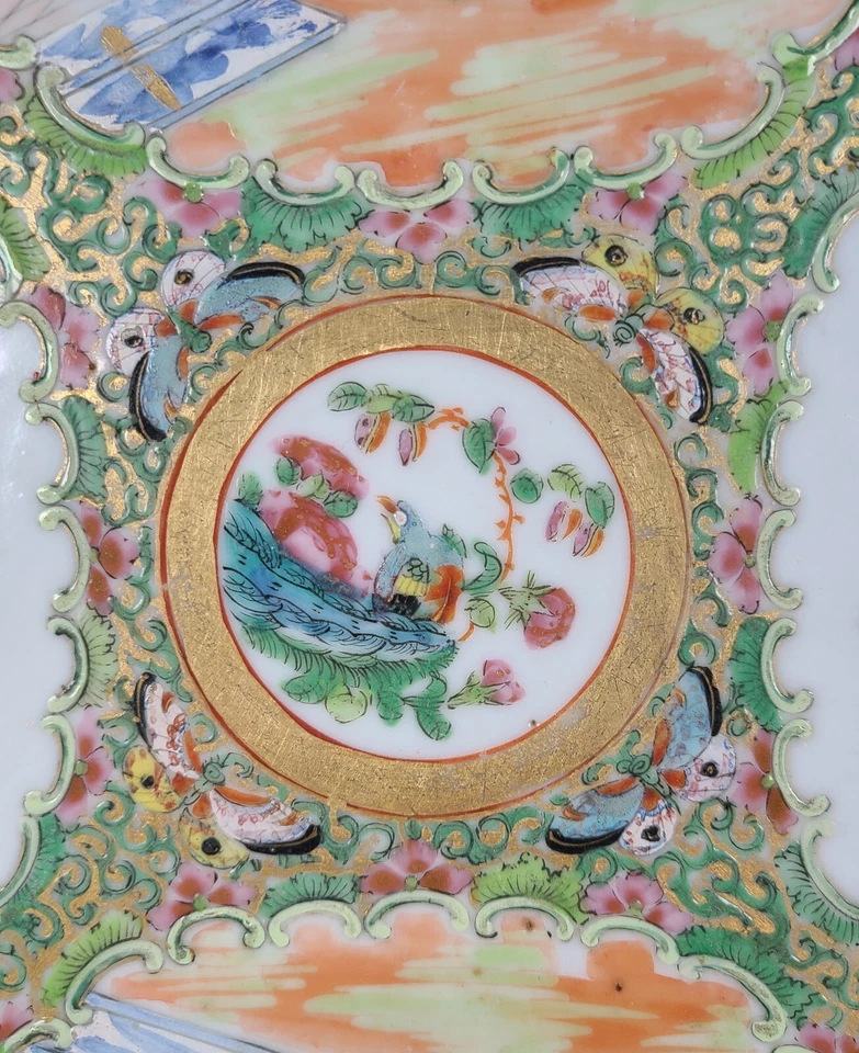 Cargador medallón rosa chino antiguo grande siglo XIX 11 3/4" período Qing Foto 4 de 4