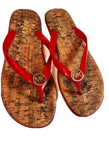 MICHAEL KORS Sz 10 Gold Logo Red Jelly Cork Flip Flops Sandals Womens | eBay