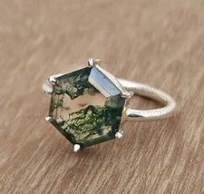 Natural Moss Agate Hexagon Sterling Silver Ring For Women- All Size